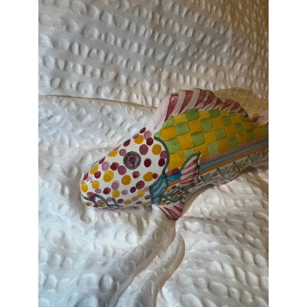 MacKenzie-Childs Ceramic Fish‎ Knob 5in Colorful Checker Pink Pull Handle